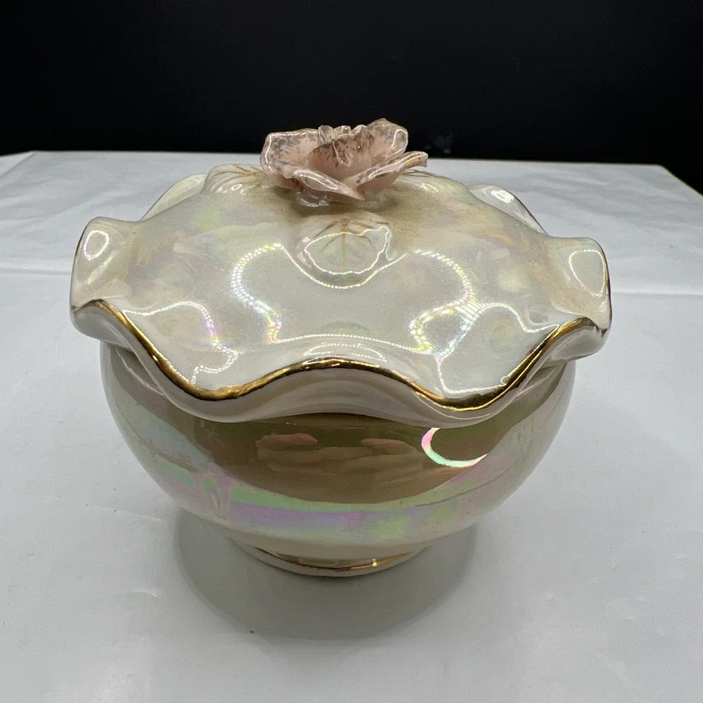 Vintage Iridescent Porcelain Trinket Box Applied Rose Lusterware Jewelry Dish